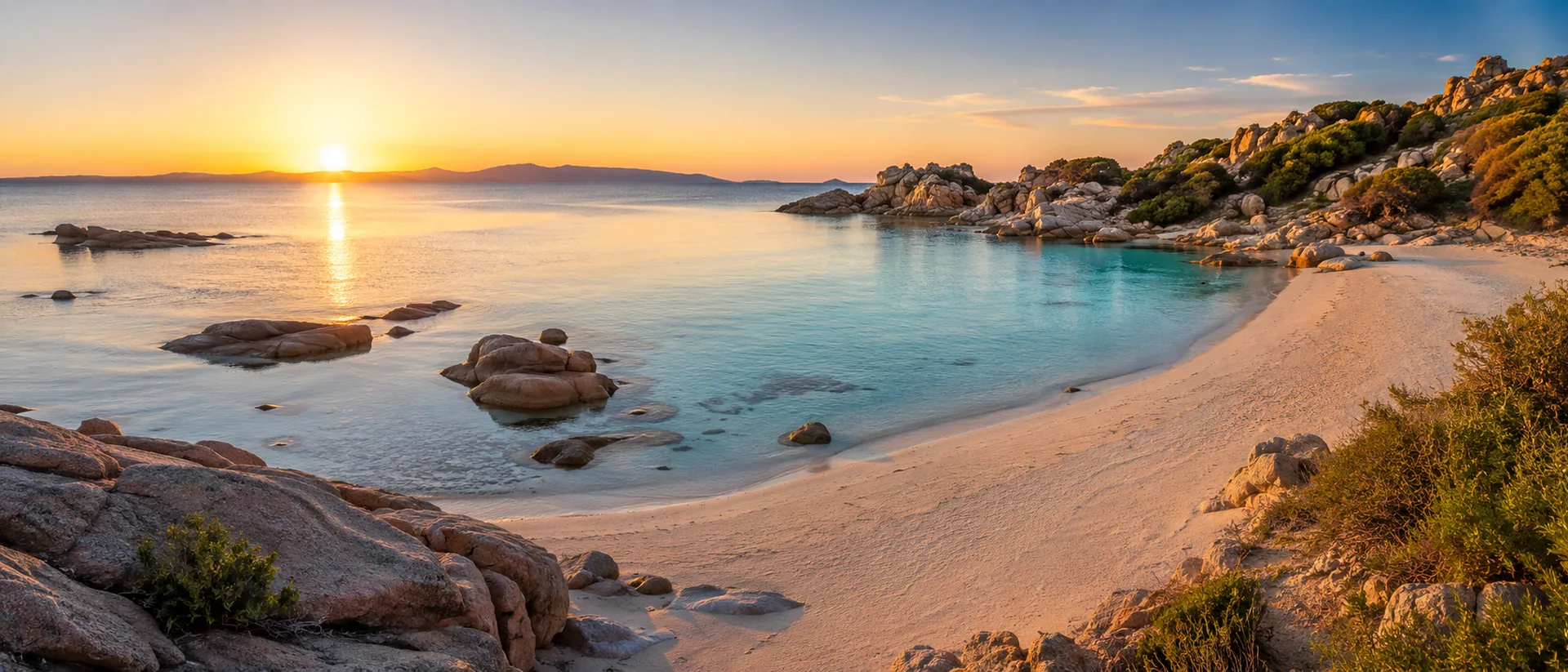 Sunset over a quiet Costa Smeralda beach with clear water and granite coastline.