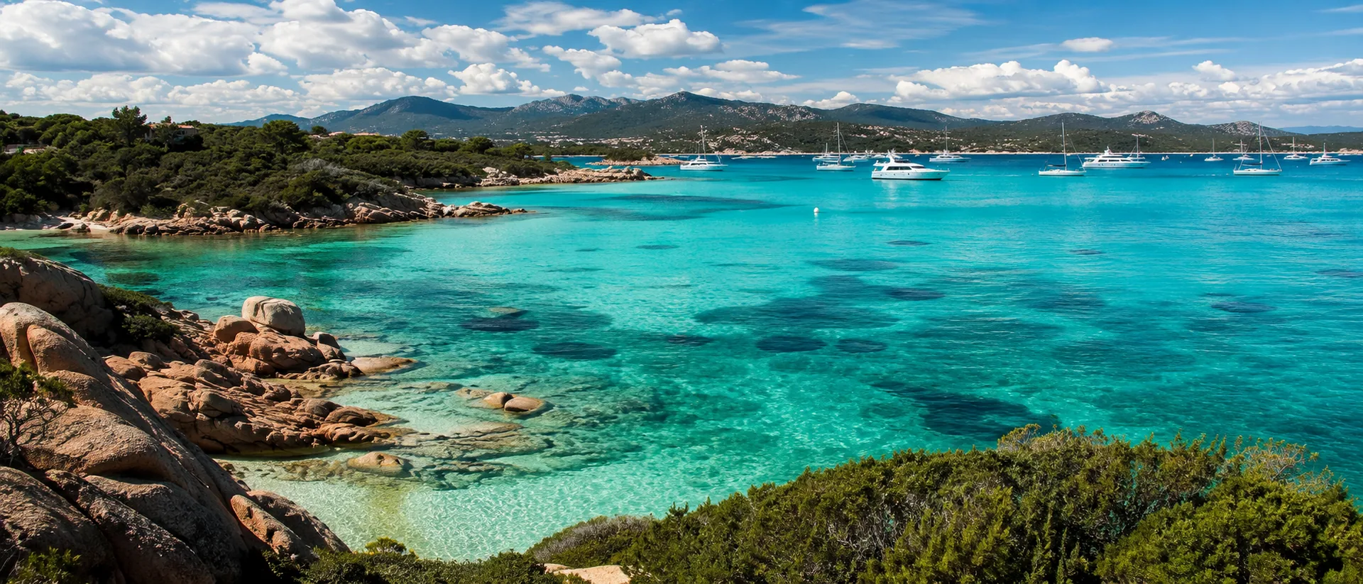 Bright turquoise bay in Costa Smeralda with yachts, mountains and Mediterranean vegetation.
