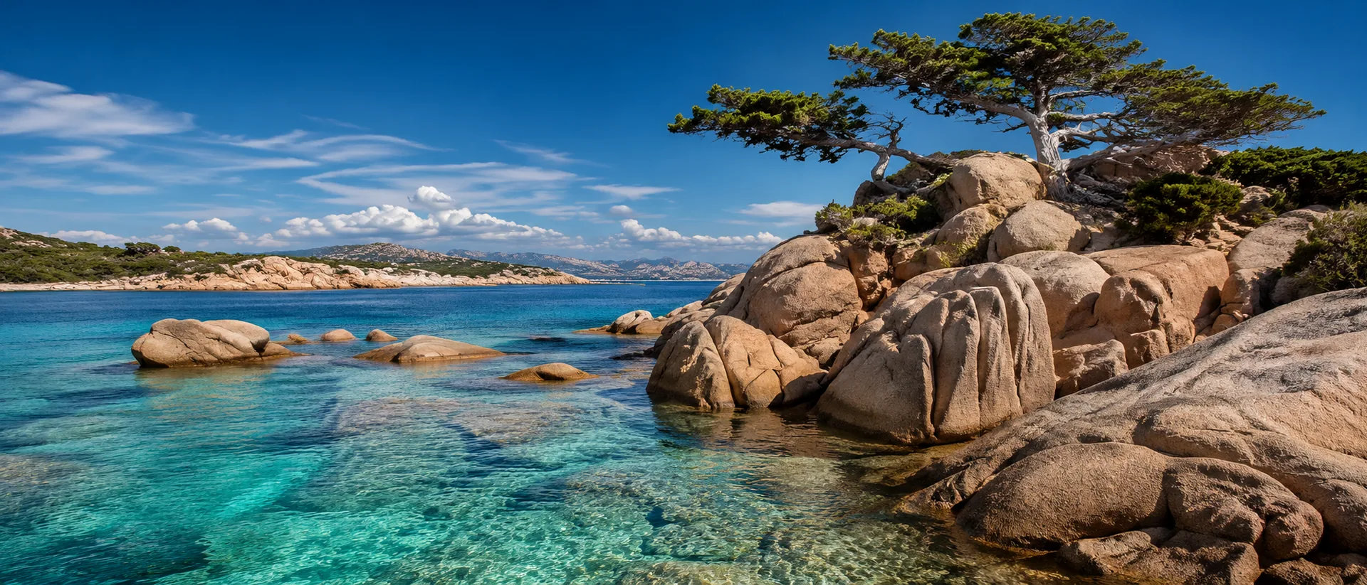 Clear shallow water and sculptural granite rocks on the Sardinian coast.