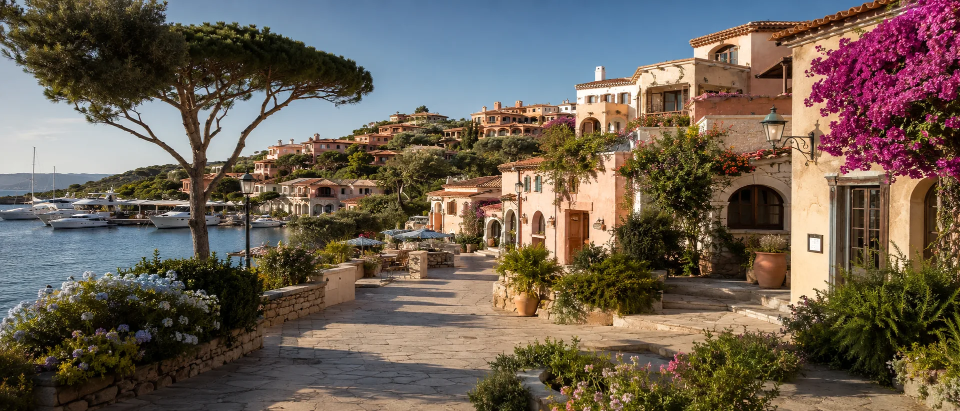Costa Smeralda village architecture, marina water, flowers and Mediterranean stone.