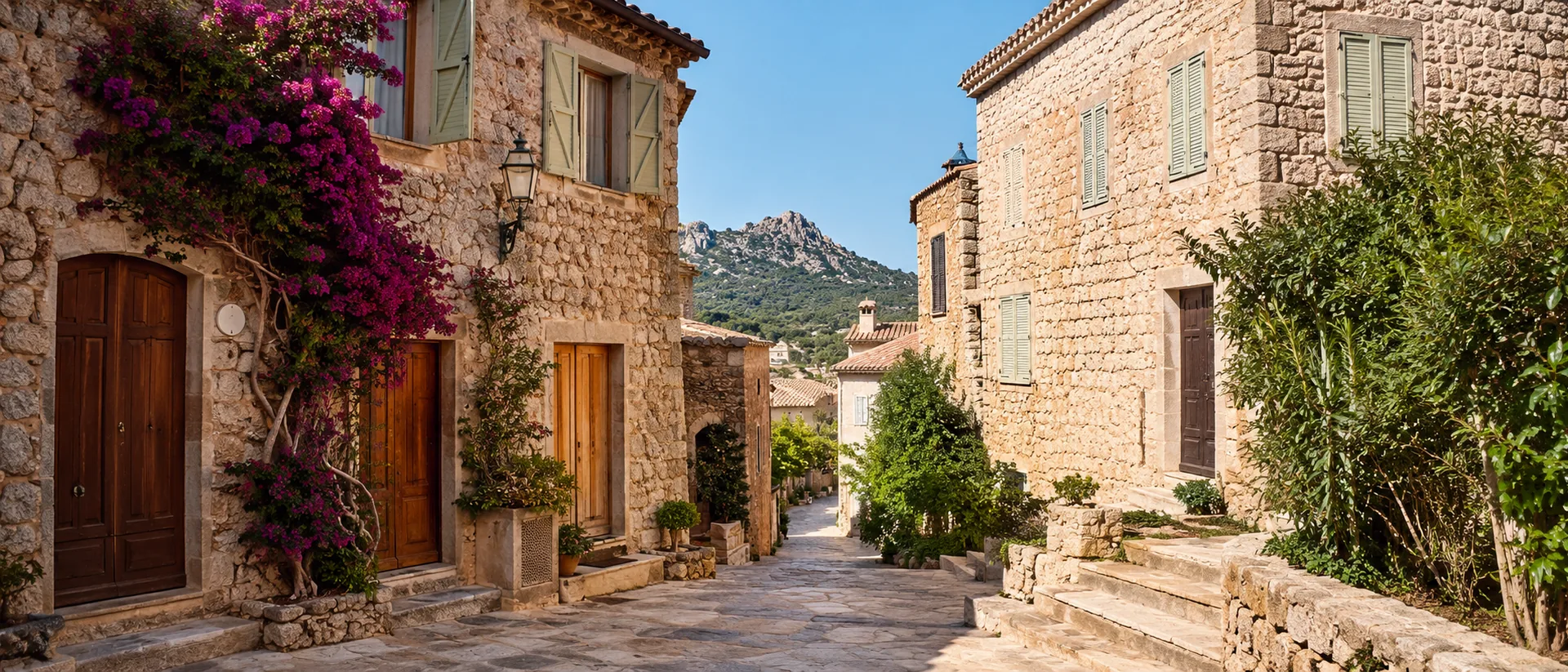 Stone village street in Gallura with mountain views and flowering bougainvillea.