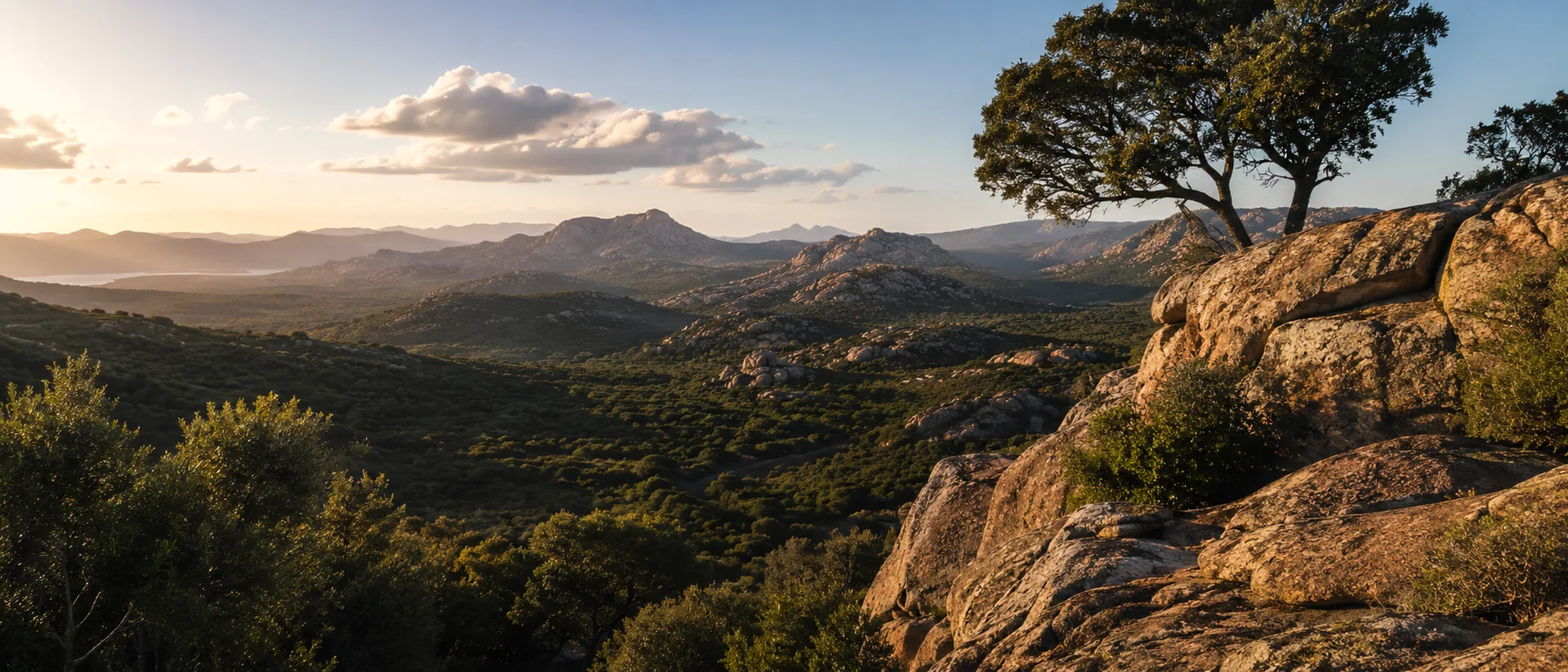 Golden mountain landscape in Gallura with granite rocks, trees and evening light.
