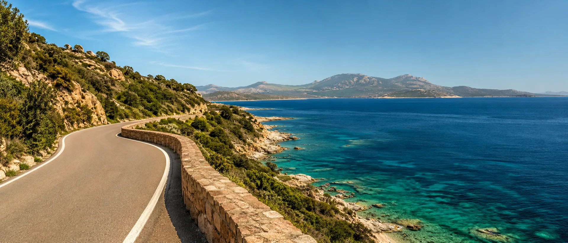 Coastal road above turquoise Sardinian water and mountains in clear daylight.