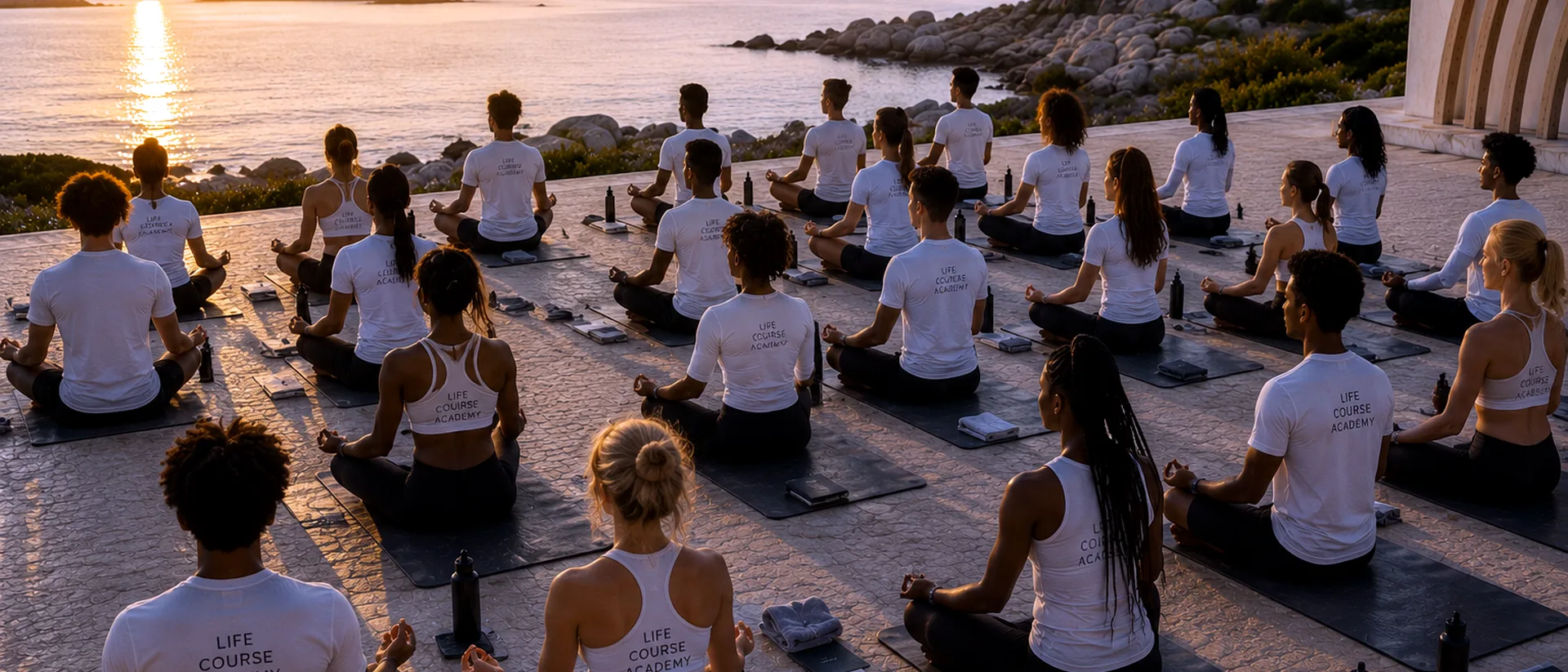 Large Life Course Academy group meditating on mats at sunset by the sea.
