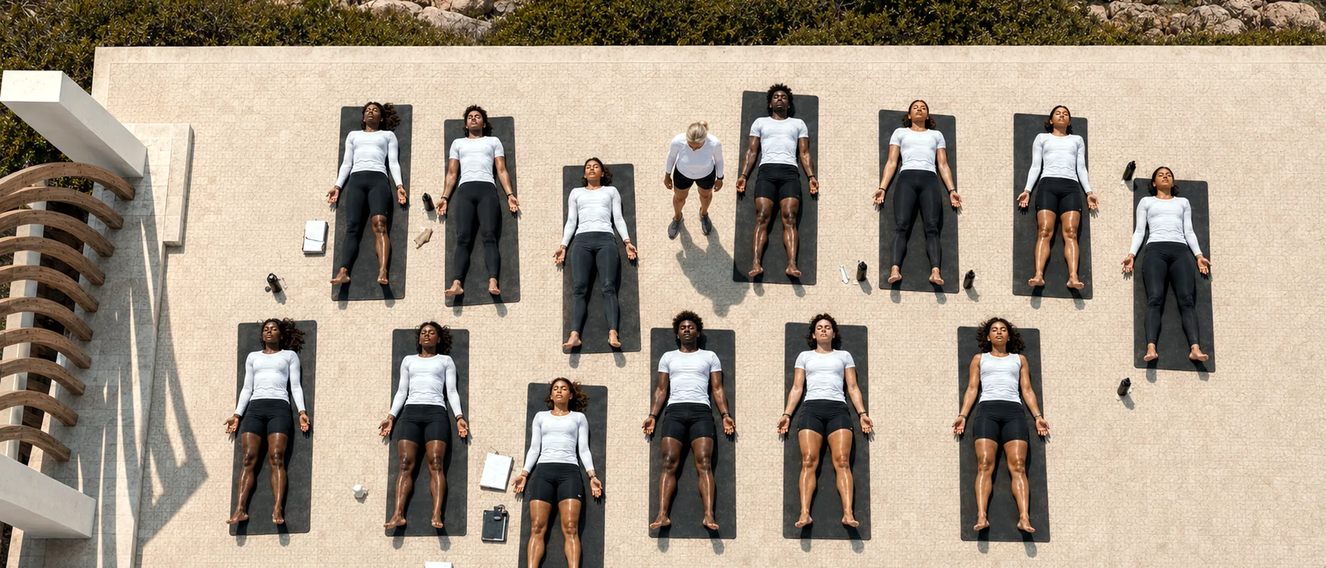 Aerial view of academy students lying on mats for recovery work beside the coastline.