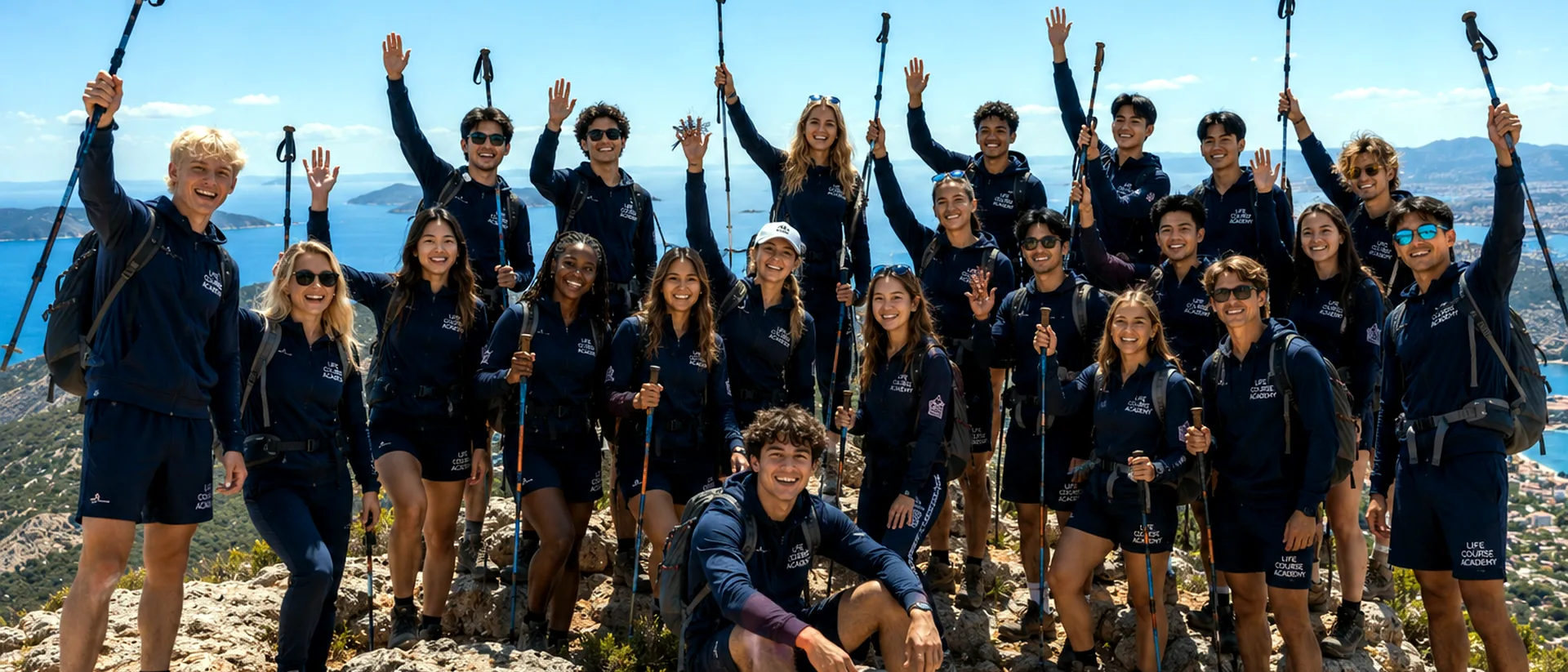 Hiking group celebrating on a coastal summit with trekking poles.