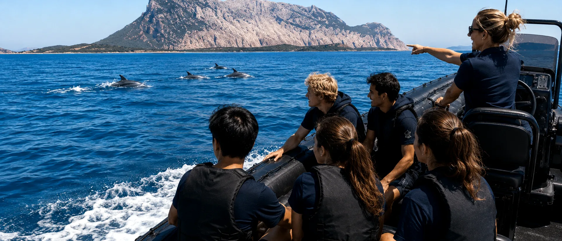 Students on a speedboat watching dolphins near a mountain coast.