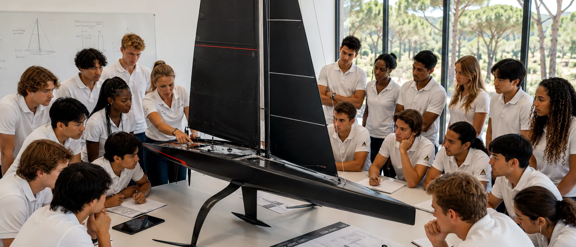 Diverse students learning sailing theory around a black model sailboat.