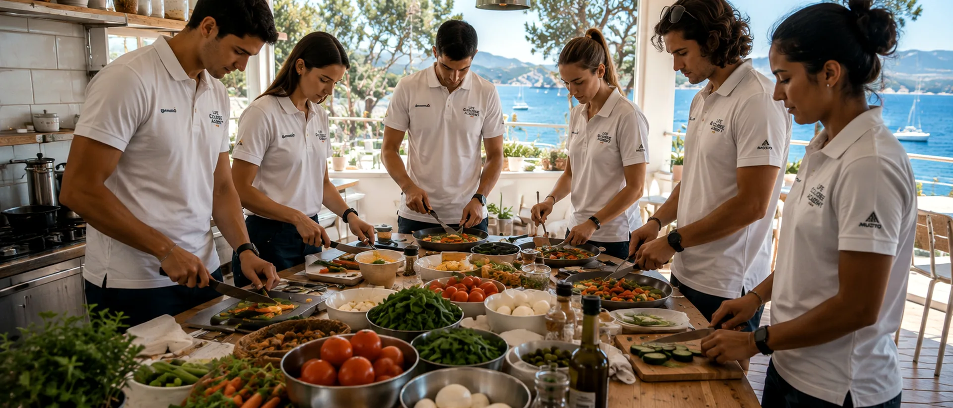 Students preparing a healthy meal together in a coastal kitchen.