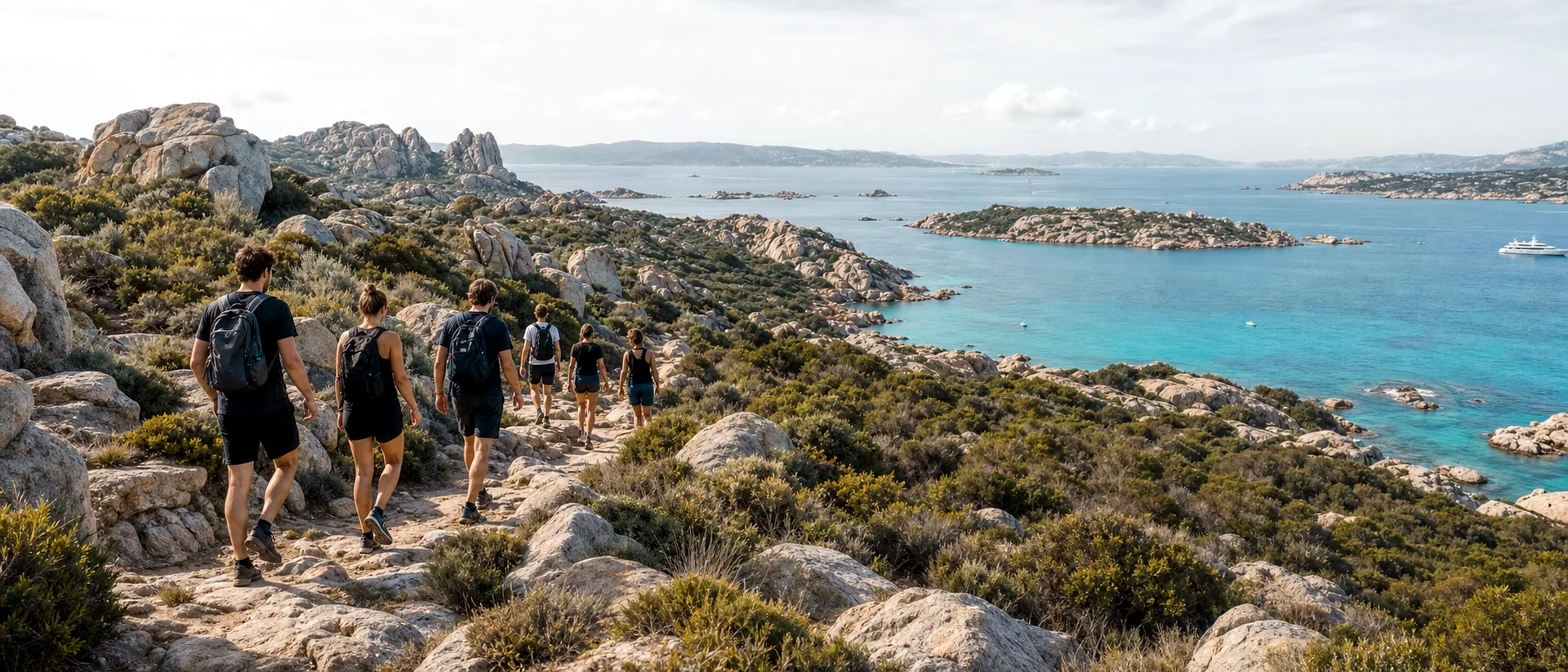 Hiking group descending through granite coastal trails above blue water.