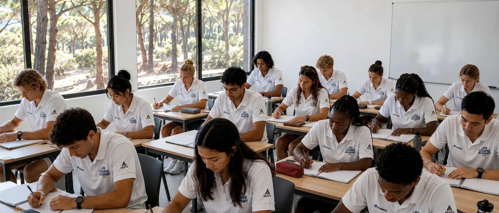 Diverse students taking notes in a bright classroom.