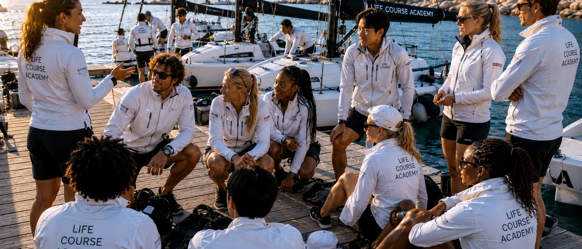 Life Course Academy group briefing on a dock at golden hour beside white boats.