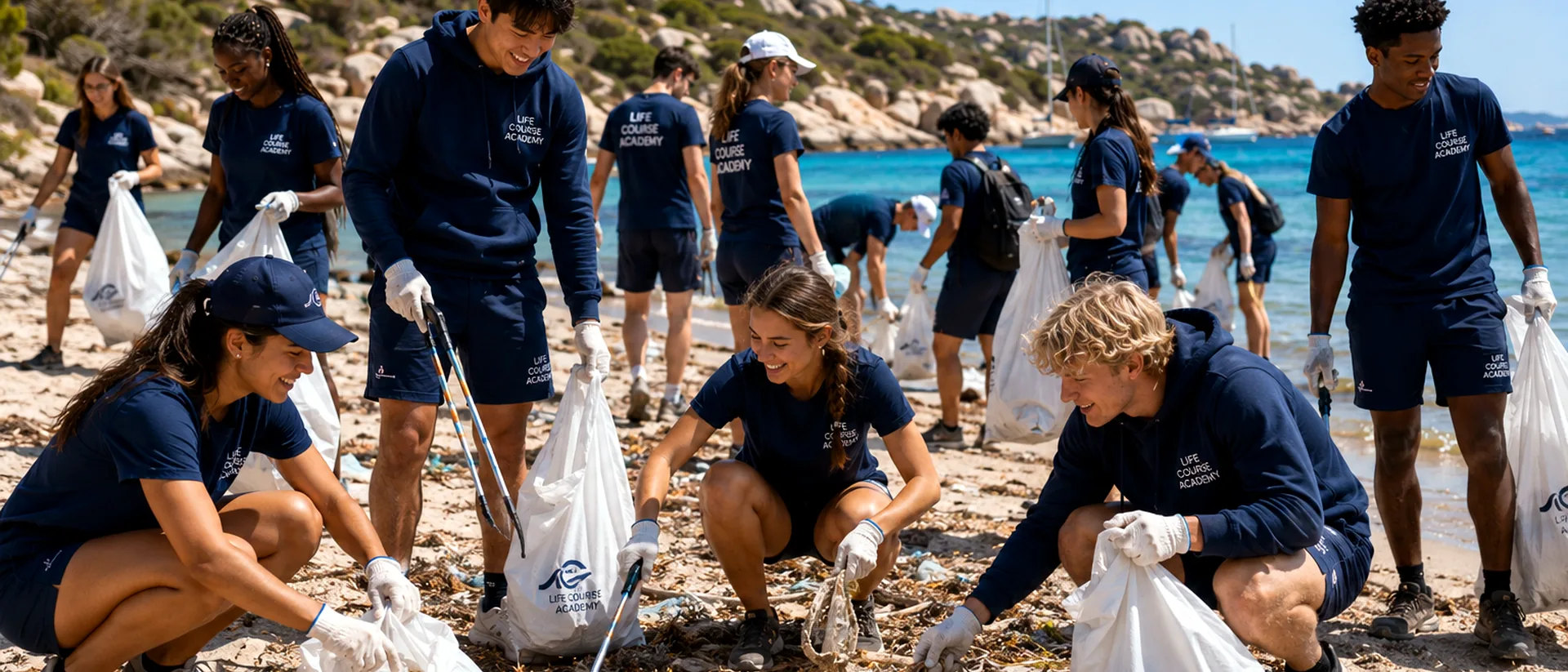 Students cleaning a beach together in navy Life Course Academy kit.