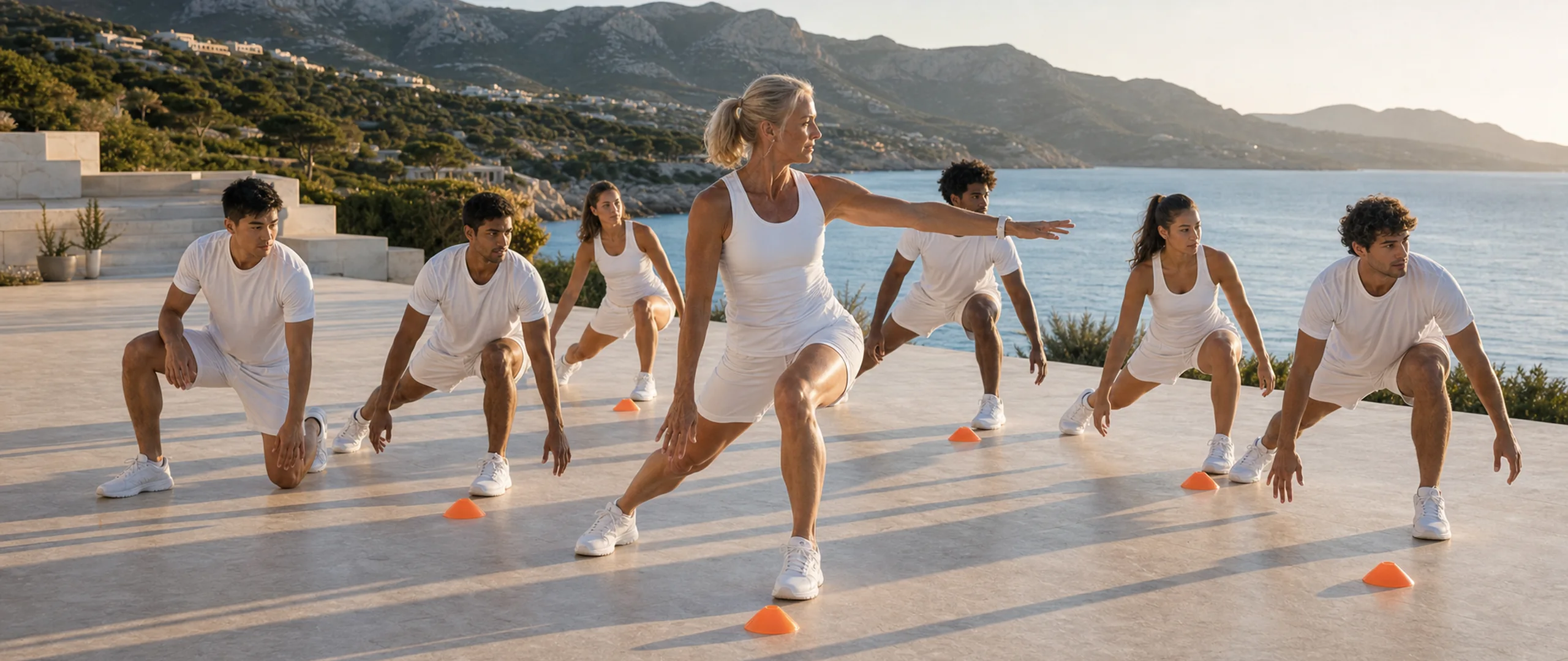 A tall athletic senior female trainer leading diverse young adults on a Mediterranean terrace beside the sea.