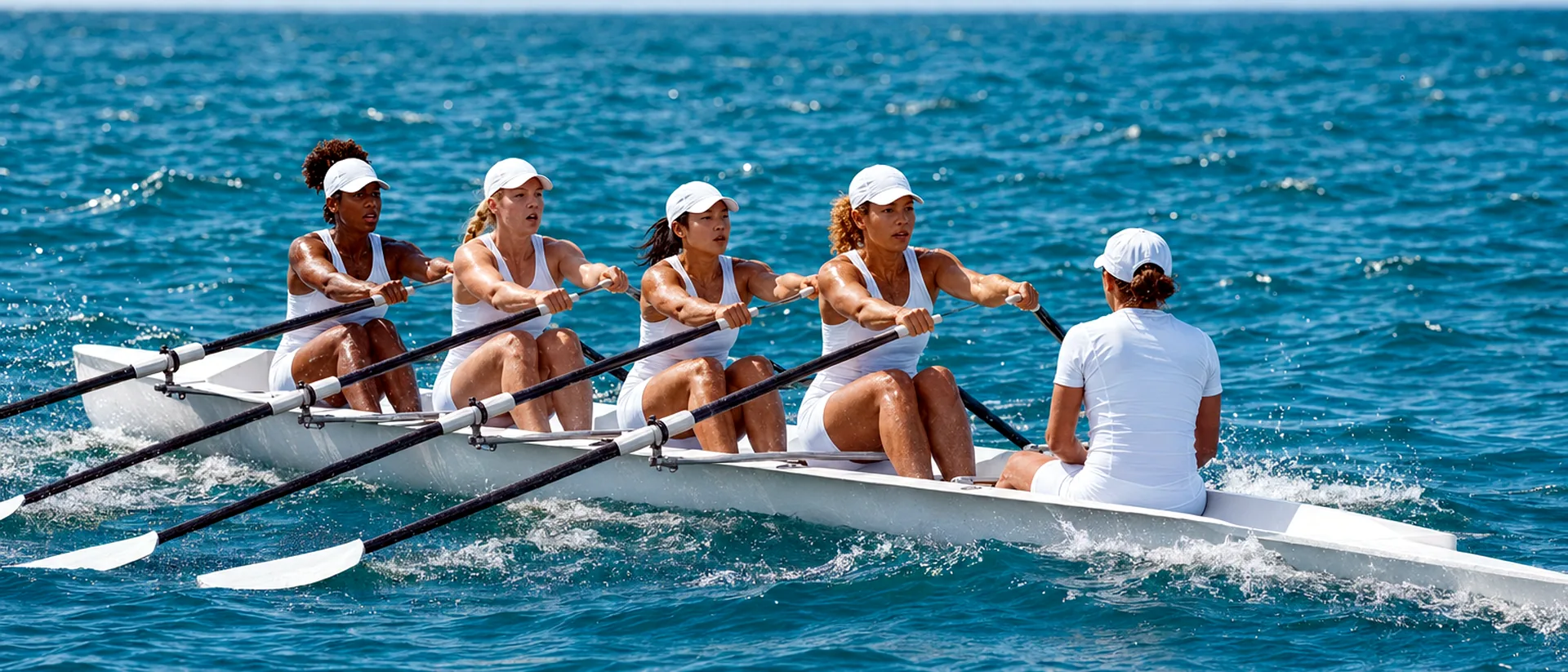 Diverse rowing crew training hard on bright blue coastal water.