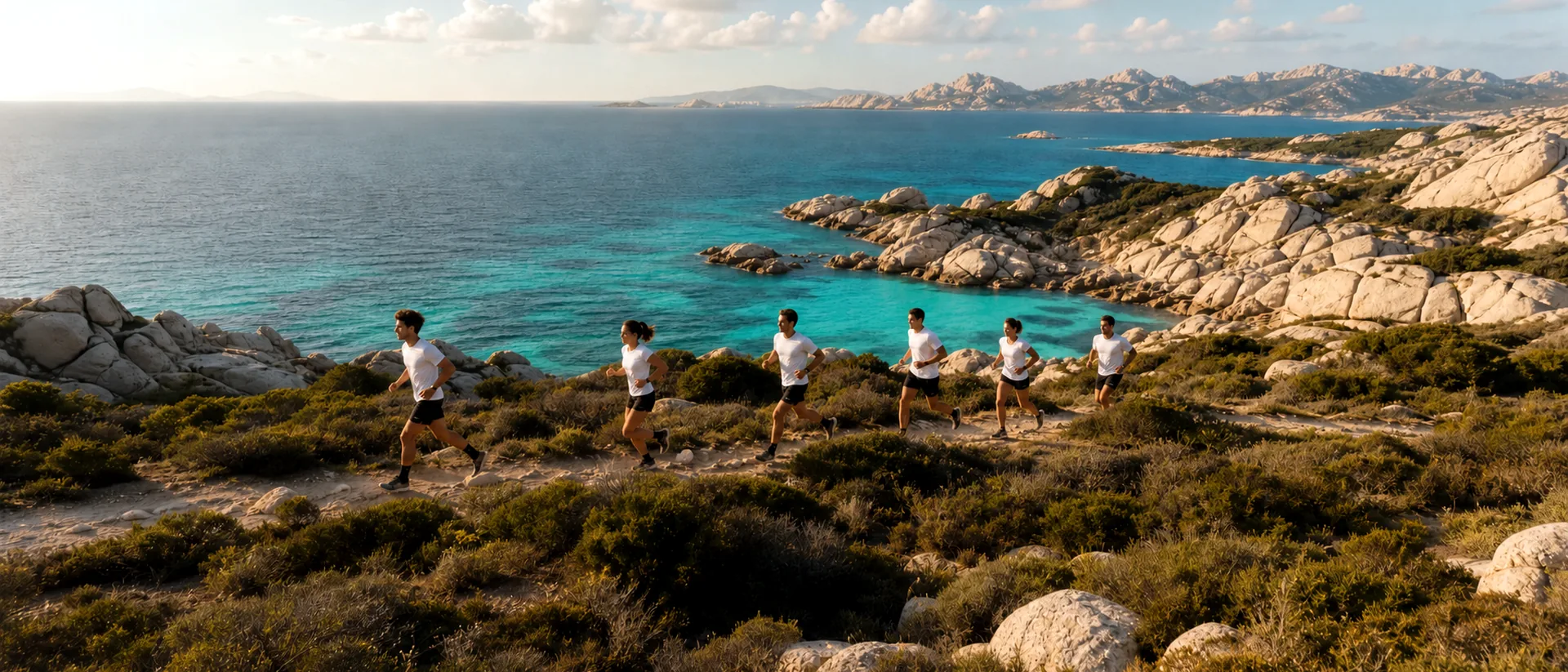 Students running along a rocky coastal trail over turquoise water.