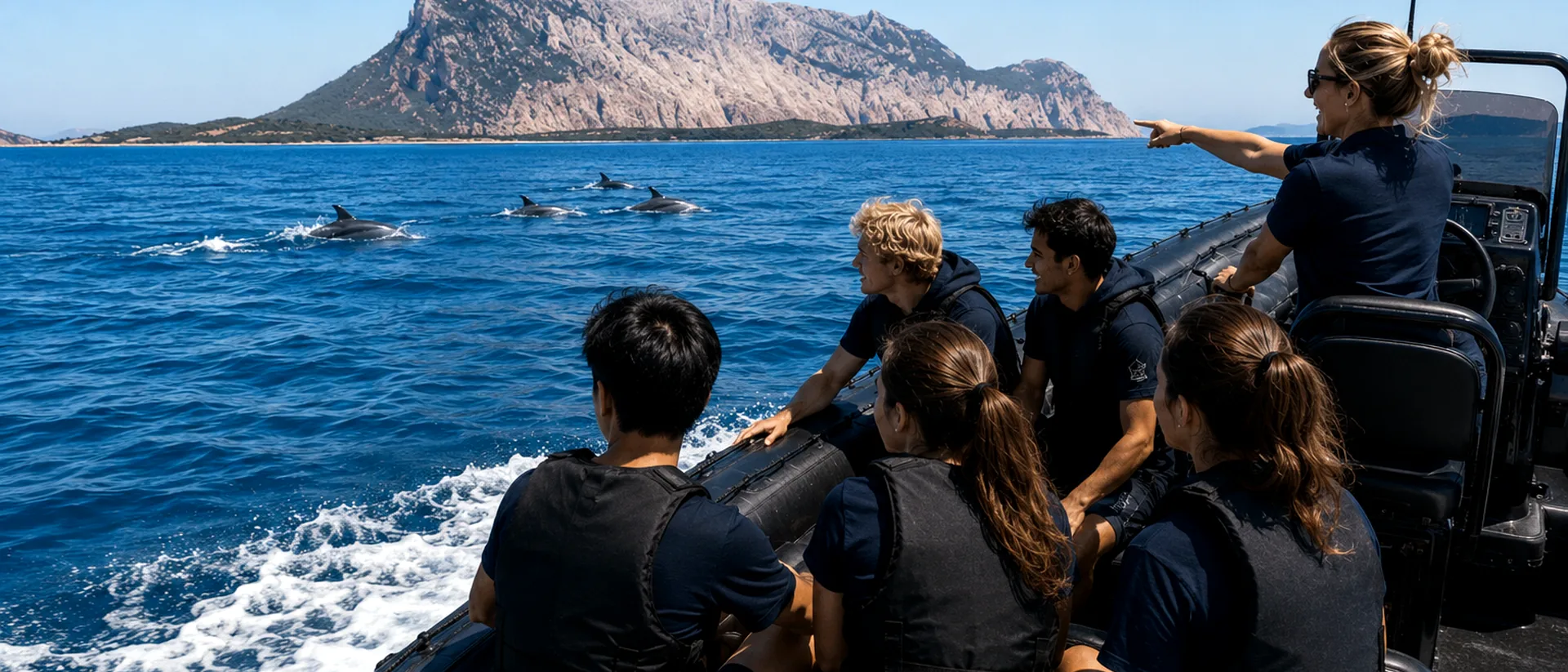 Students on a boat watching dolphins in open water near a mountain coast.