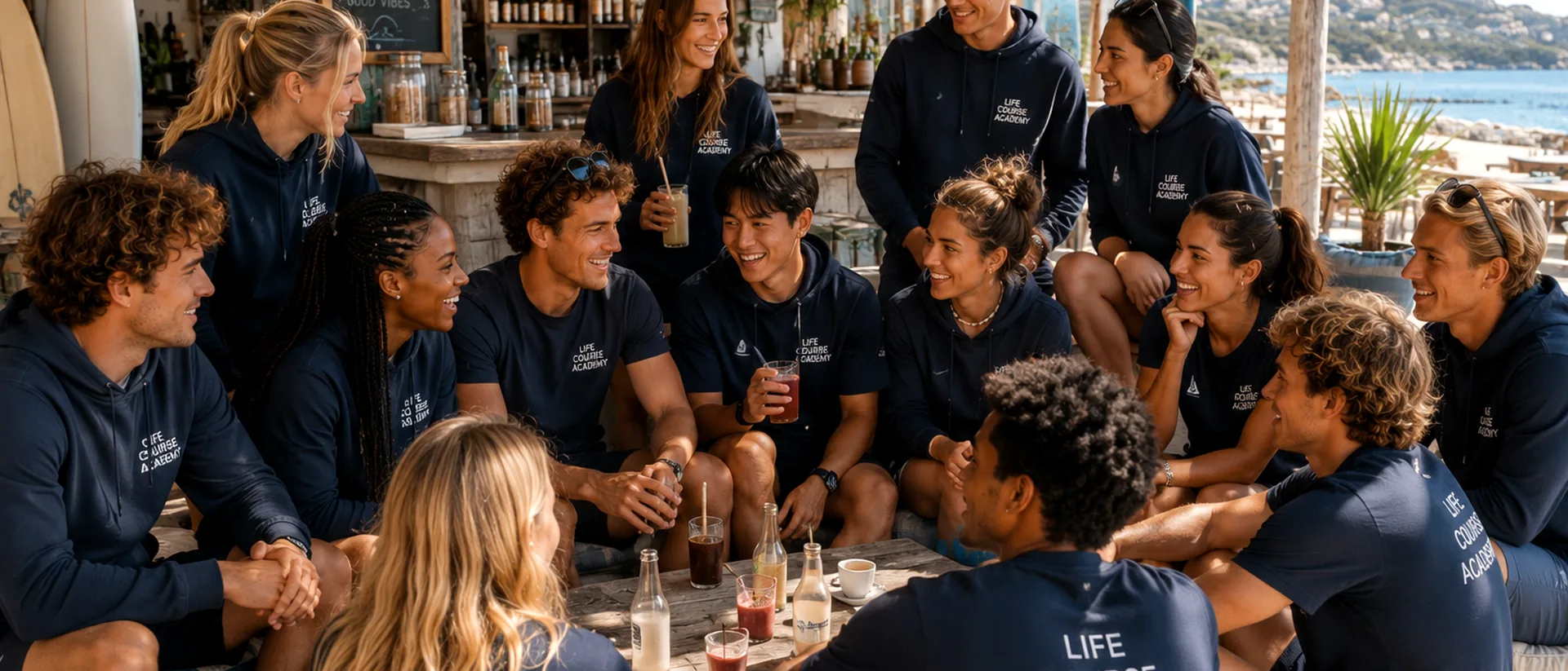 Students sharing a relaxed community moment at a beach cafe.