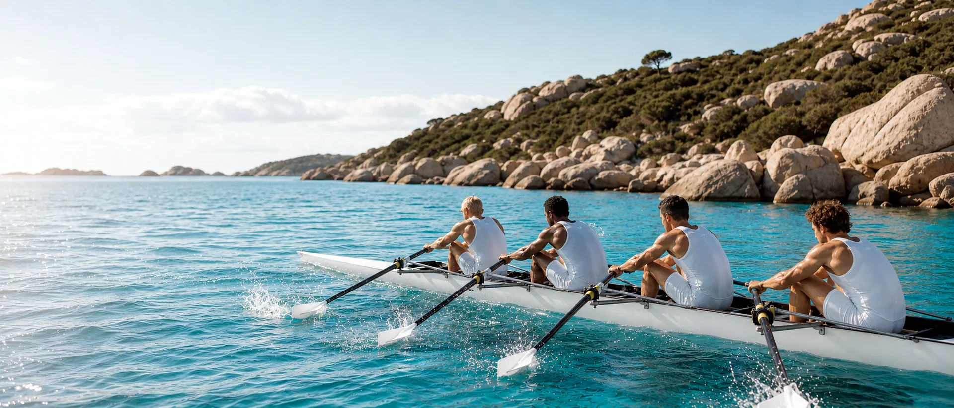 Rowing crew moving along the granite coastline on turquoise water.